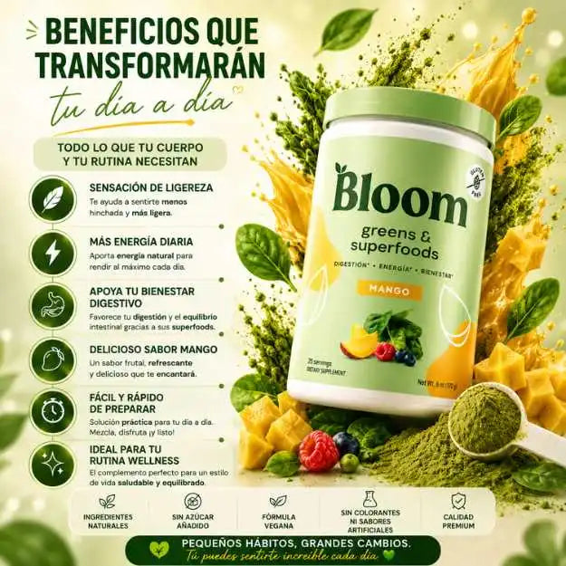 OLVIDATE DE LA MALA DIGESTION Y RENUEVA TU CUERPO CON BLOOM GREENS & SUPERFOODS  -TARRO 326.4gr