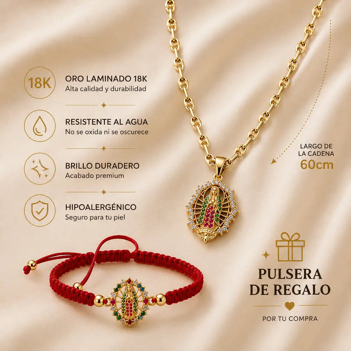 CADENA VIRGEN DE GUADALUPE ORO LAMINADO 18K+ 60CM DE LARGO+ PULSERA + 1 AÑO DE GARANTIA