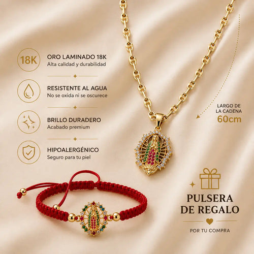 CADENA VIRGEN DE GUADALUPE ORO LAMINADO 18K+ 60CM DE LARGO+ PULSERA + 1 AÑO DE GARANTIA