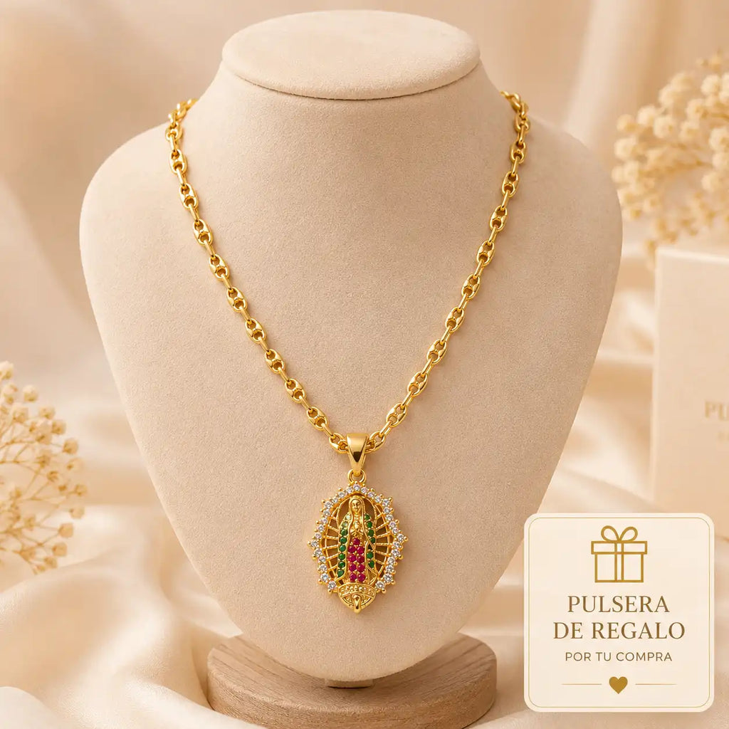 CADENA VIRGEN DE GUADALUPE ORO LAMINADO 18K+ 60CM DE LARGO+ PULSERA + 1 AÑO DE GARANTIA