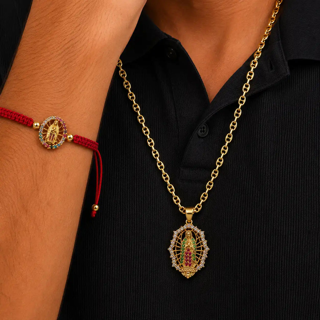 CADENA VIRGEN DE GUADALUPE ORO LAMINADO 18K+ 60CM DE LARGO+ PULSERA + 1 AÑO DE GARANTIA
