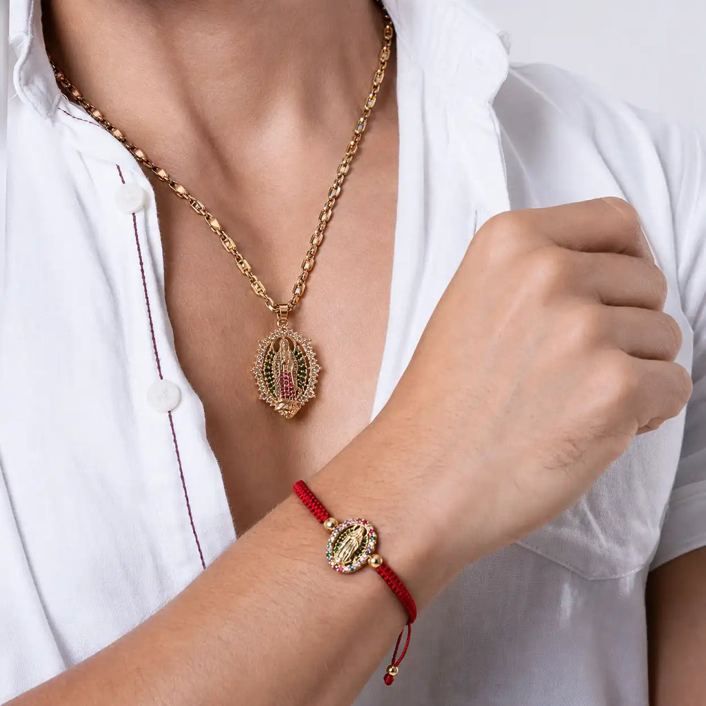 CADENA VIRGEN DE GUADALUPE ORO LAMINADO 18K+ 60CM DE LARGO+ PULSERA + 1 AÑO DE GARANTIA